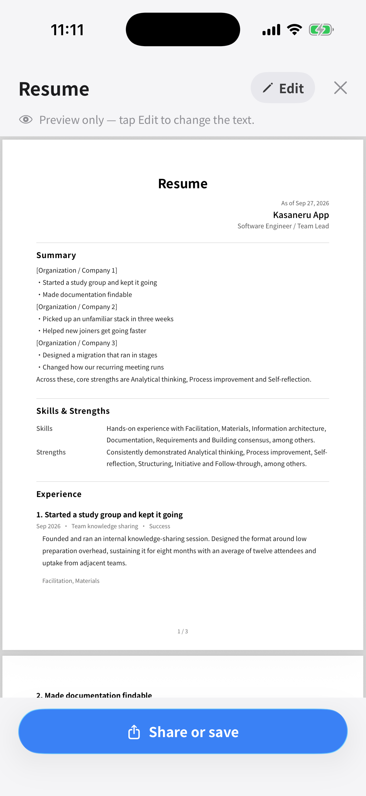 The resume preview screen: a generated resume PDF with summary, skills and experience sections, and a share-or-save button below.