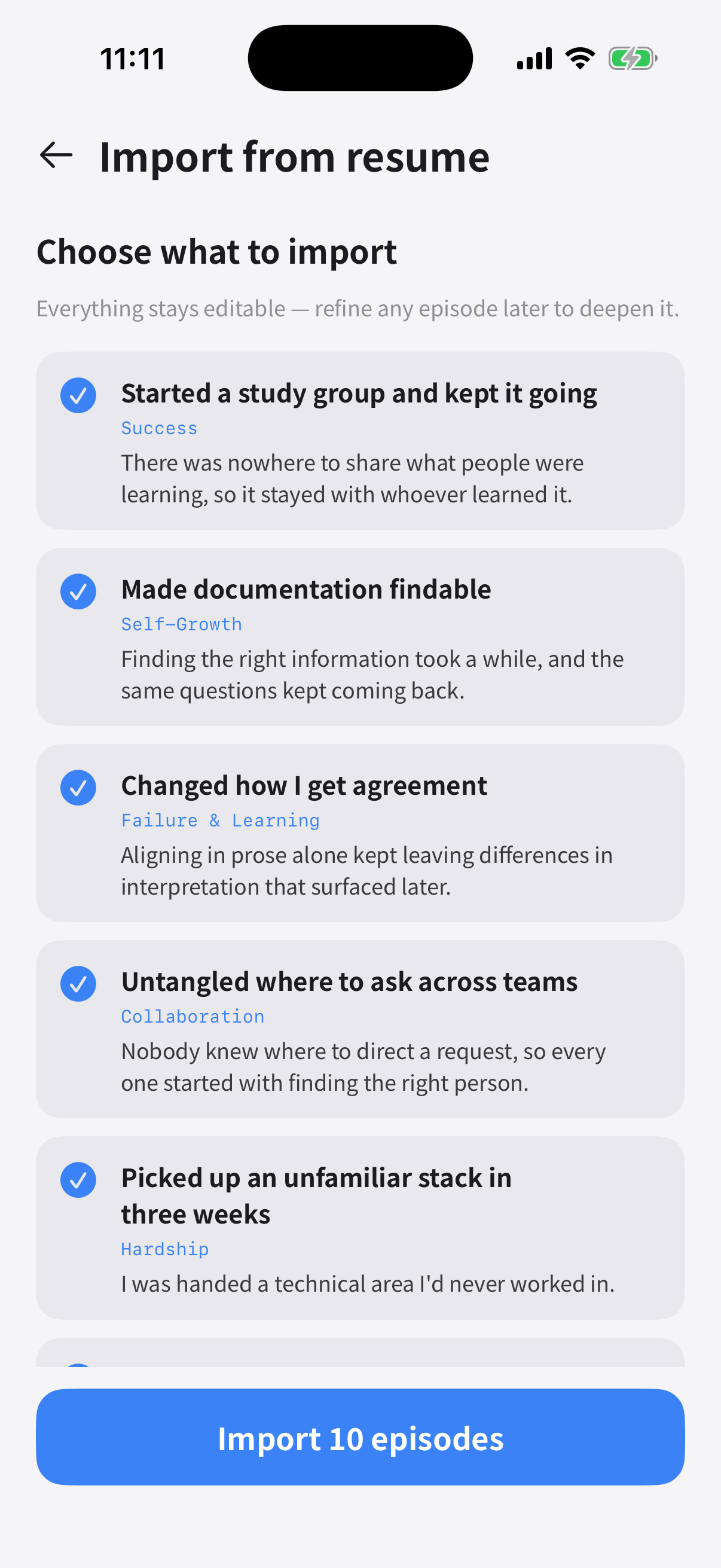 The import review screen: episode candidates extracted from a document, each with a checkmark, and an import button below.